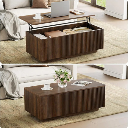 Fluted Walnut Lift-Top Coffee Table with Hidden Storage