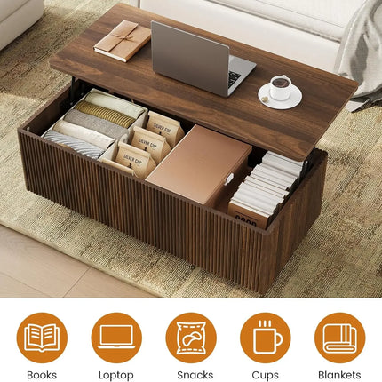 Fluted Walnut Lift-Top Coffee Table with Hidden Storage
