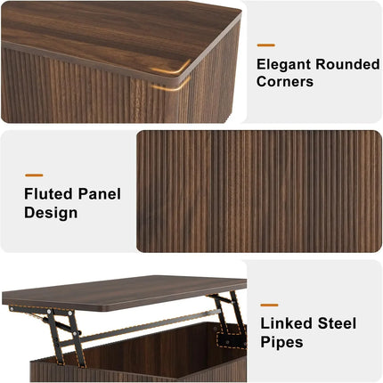 Fluted Walnut Lift-Top Coffee Table with Hidden Storage