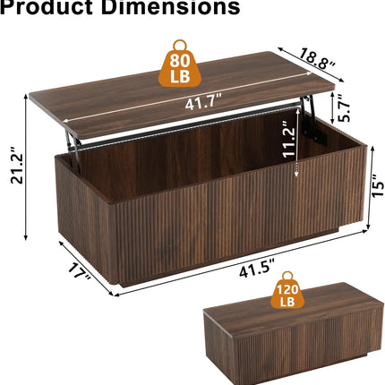 Fluted Walnut Lift-Top Coffee Table with Hidden Storage