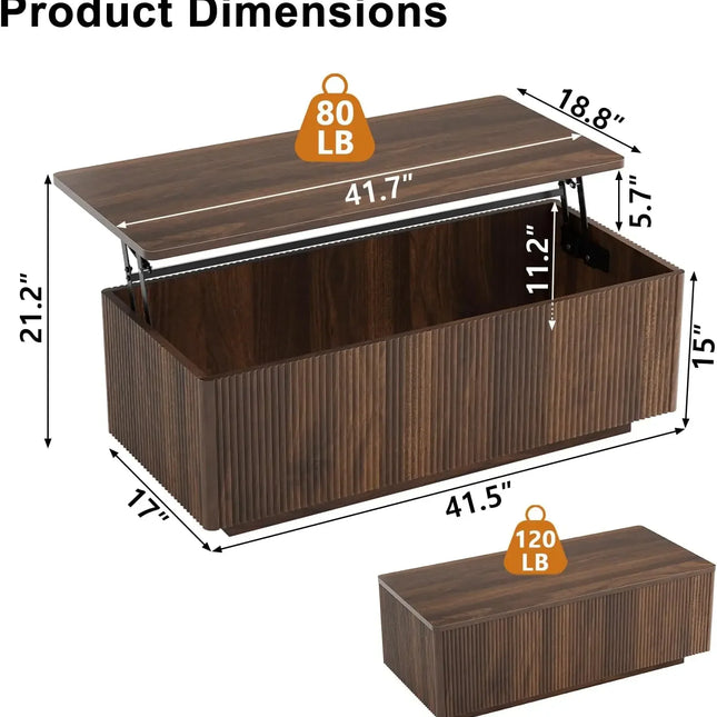 Fluted Walnut Lift-Top Coffee Table with Hidden Storage
