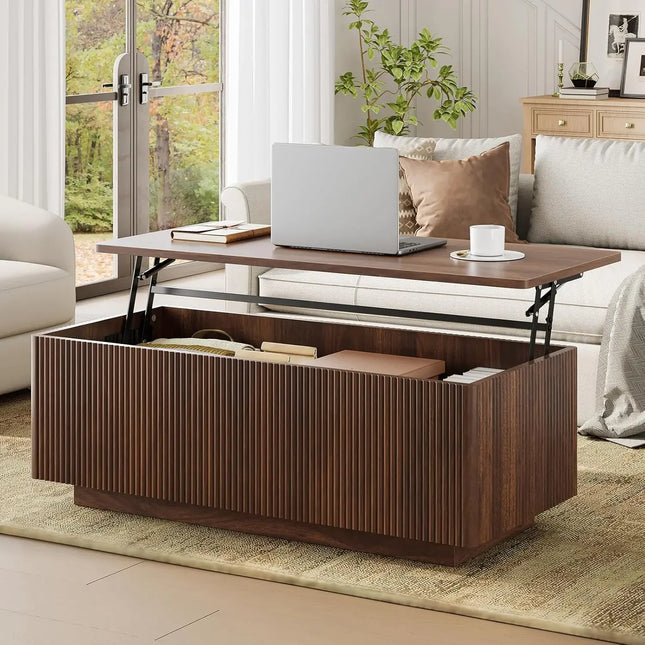 Fluted Walnut Lift-Top Coffee Table with Hidden Storage