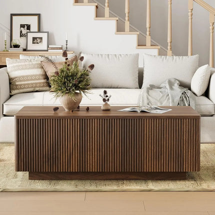 Fluted Walnut Lift-Top Coffee Table with Hidden Storage