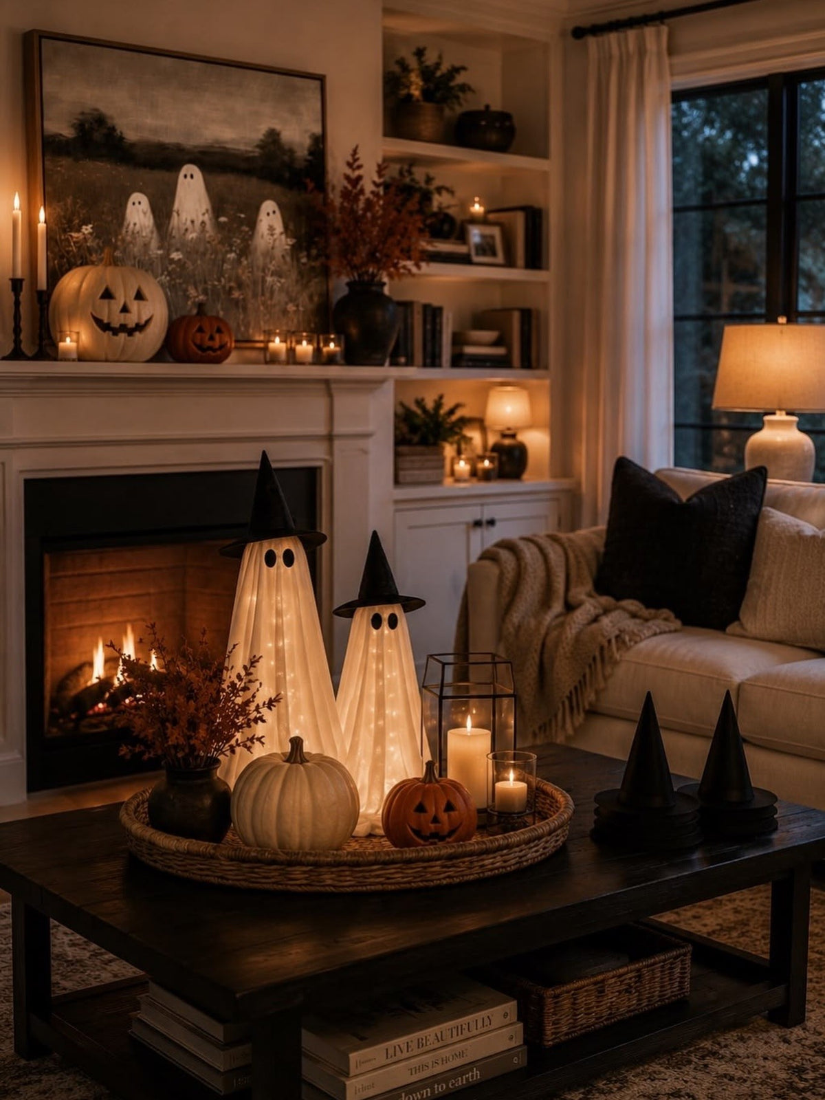 A cozy living room with soft seasonal decor